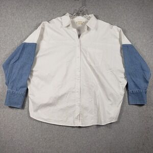 POL Women L Blue Multi Patchwork Lace Denim Western Casual Oversized Button Down